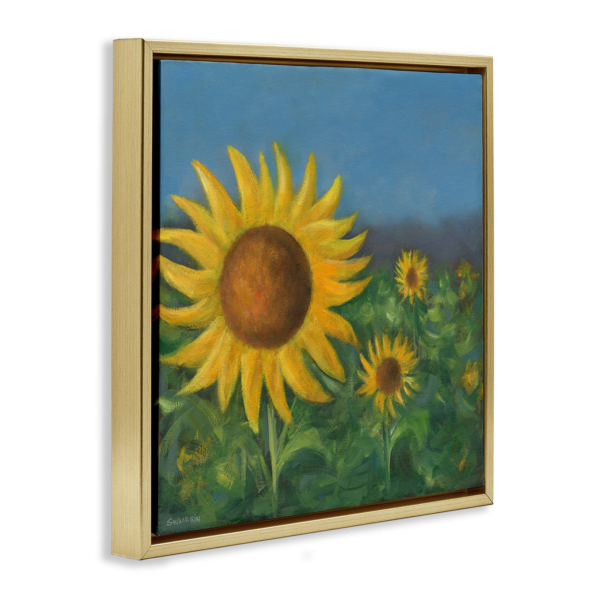 Stupell Industries Mellow Sunflower Garden Botanical & Floral Painting Gold Floater Framed Art Print Wall Art, 18 x 18