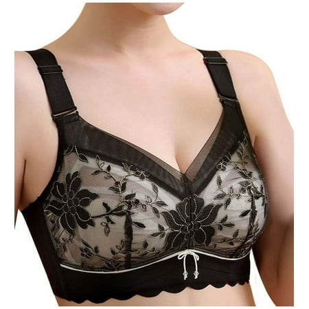 T Shirt Bra Women Bra Wire-Free Underwear Plus Size Thin Cup Lace Bra V-Neck Lightly Lined Bra Feature Hook and Eye Closure Nursing Bra Style Y-534   Black S