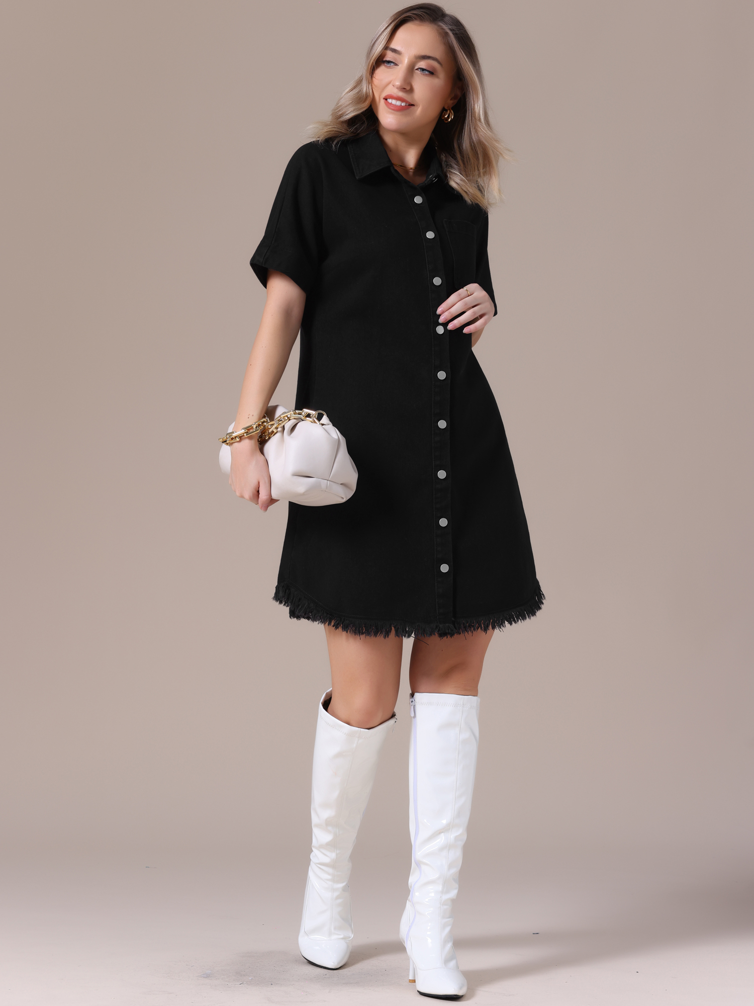 DARING DIVA Short Sleeve Denim Collared Button Front Jean Dress M Black