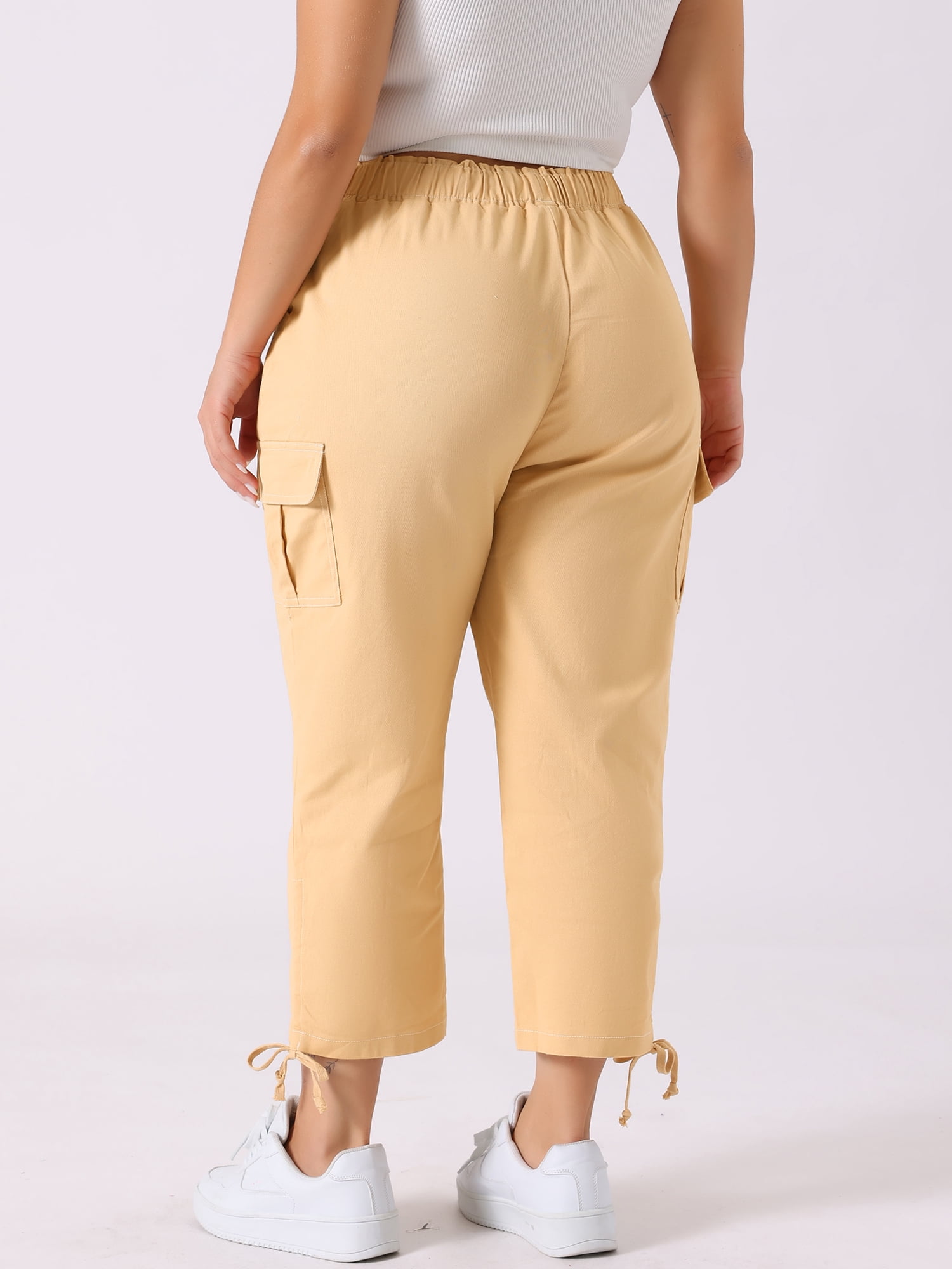 DARING DIVA Women's Plus Drawstring Elastic Waist Cargo Pants with Pocket 1X Beige