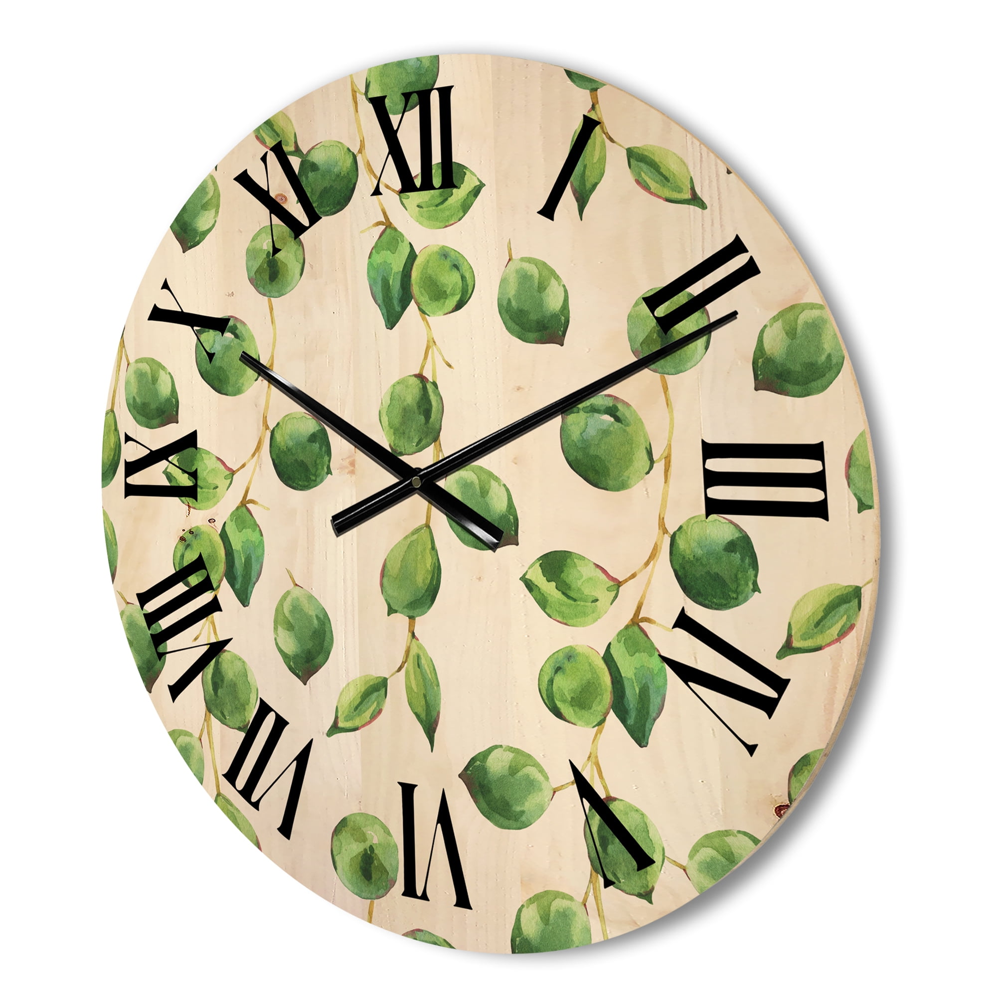 Designart 'Tropical Green Leaves Patern On White' Tropical Wood Wall Clock