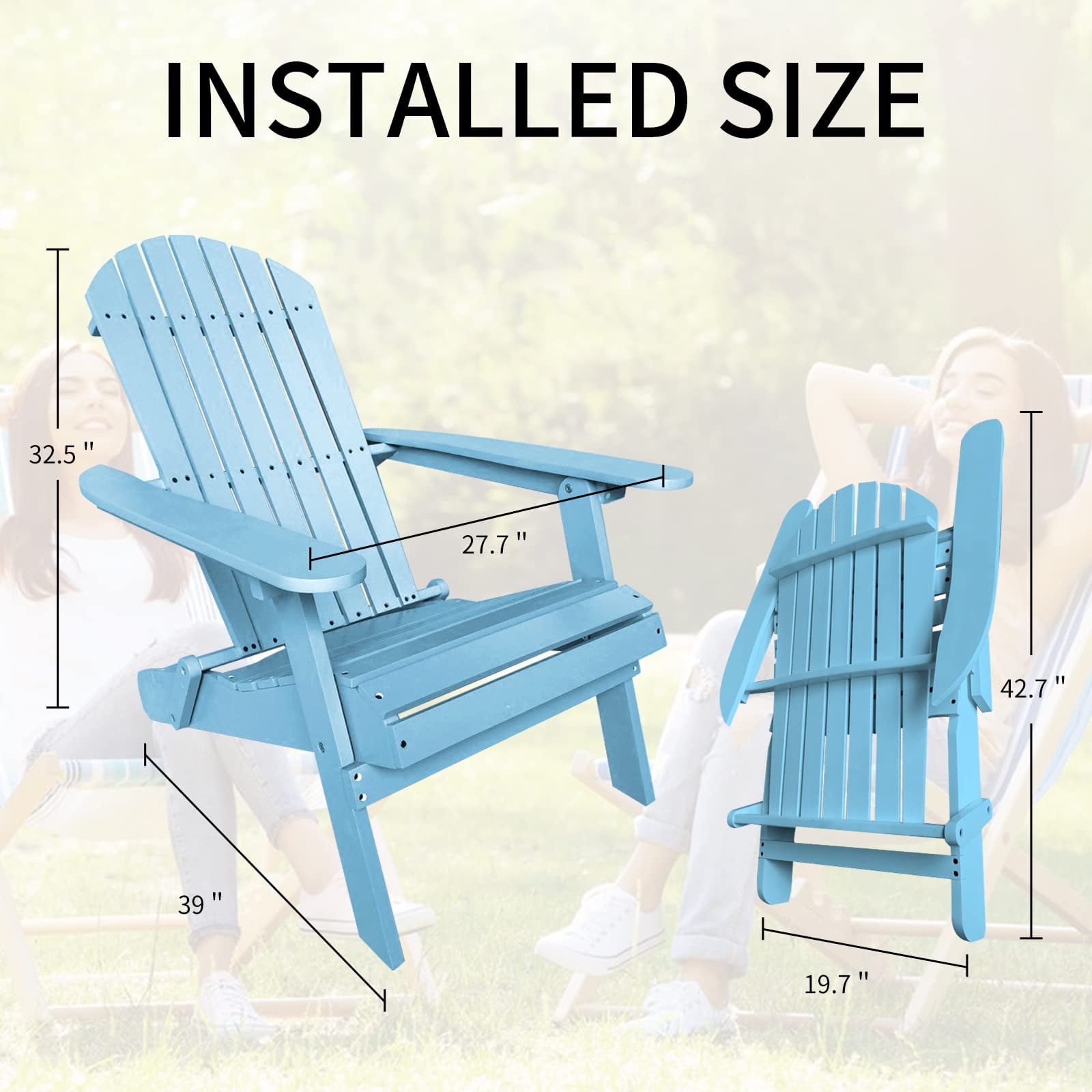 BIQWBIC Folding Adirondack Chair, Solid Wood Fire Pit Chairs with Wide Armrests, All-Weather Outdoor Patio Lawn Garden Chairs, 350 Lbs Capacity, Easy to Install, Turquoise