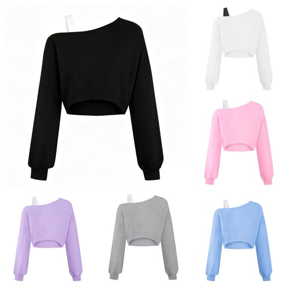 OSOLU Girls Sweatshirt Off Shoulder Long Sleeve Solid Color Short Cropped Layering Tops Black