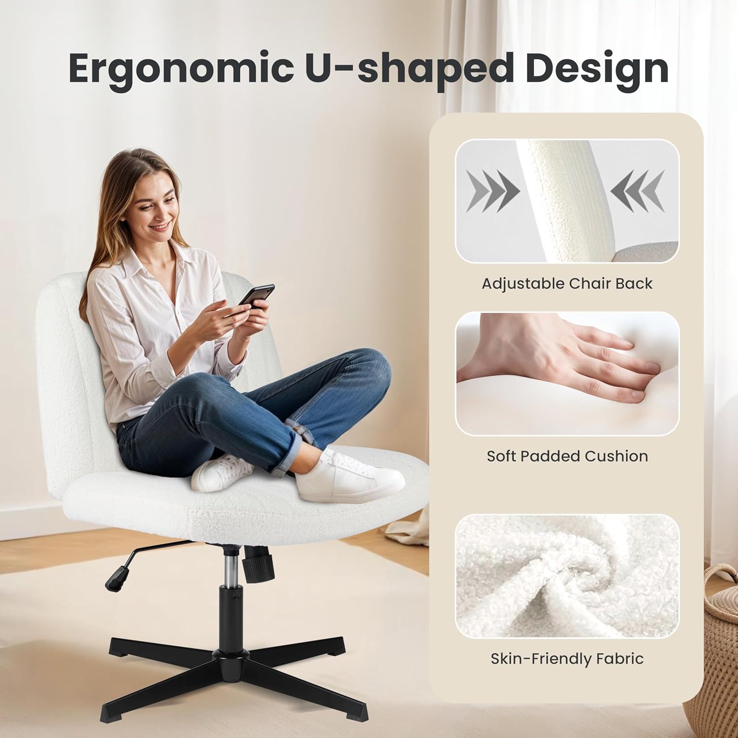 QUIOCOZY Wide Criss Cross Leg Chair, Swivel Office Desk Chair, Adjustable Faux Fur Computer Task Chair, Comfy Armless Vanity Makeup Chair without Wheels for Home & Office