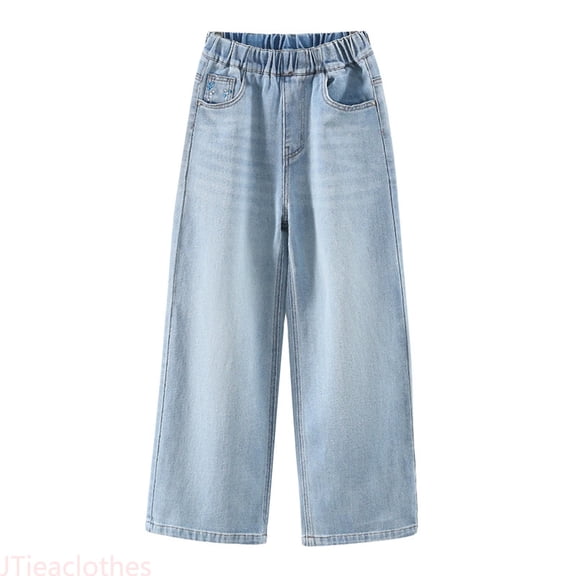 JTieacloth Girls Jeans Denim Stylish And Comfortable Straight Leg Pants For Big Girls Wide Leg Trousers Loose Fit Casual Long Pants For Girls,Sizes 4-5 Years
