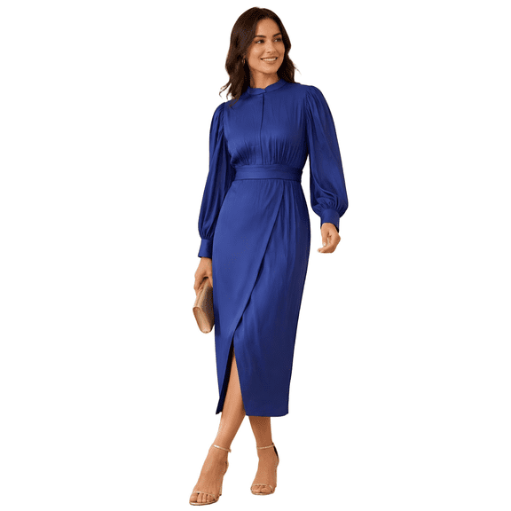 Plus Size Faux Denim Wrap Waist Maxi Dress, Puff Sleeve Mandarin Collar Front Slit Casual Semi-Formal Dress