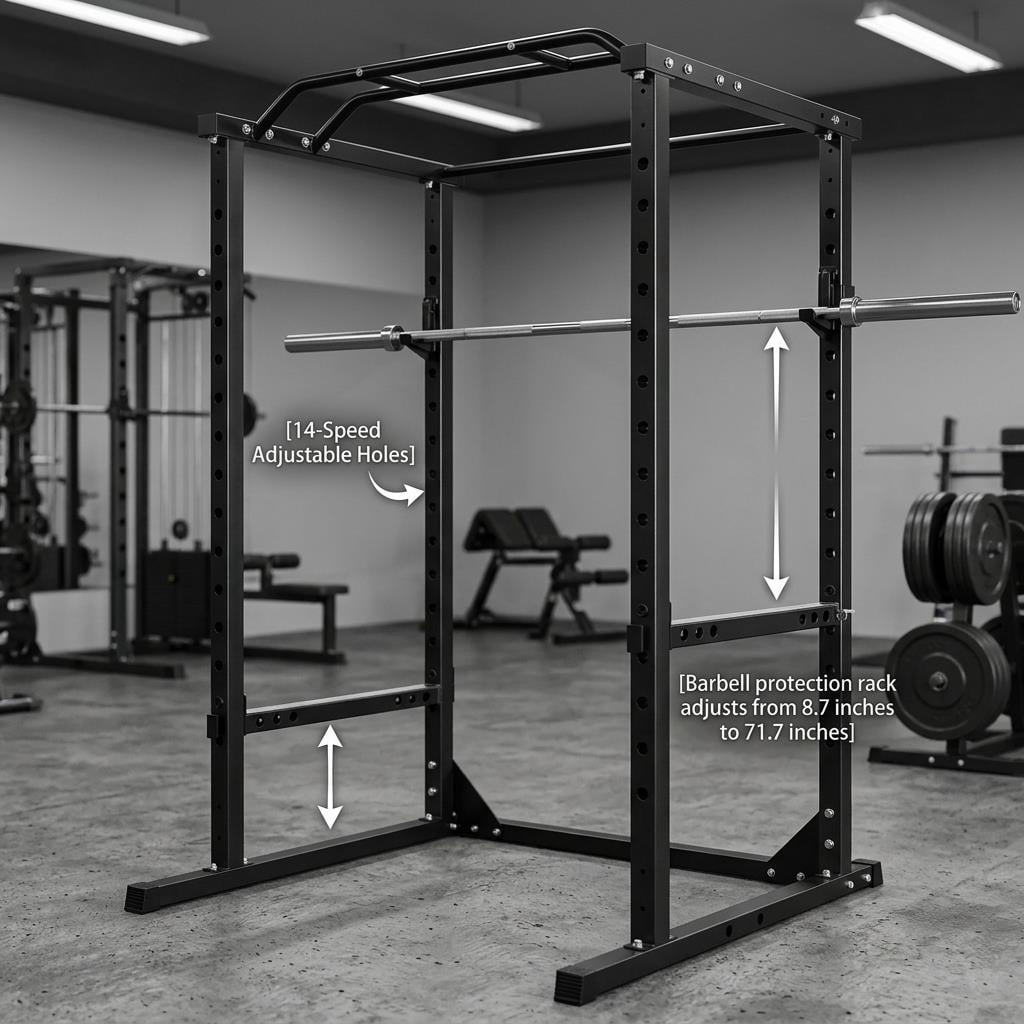 Tanfengu ﻿ 1200 lbs 81.5" Black Steel Power Cage Squat Rack, Heavy-Duty 1.8mm Steel with Multi-Grip Pull-Up Bar, Adjustable Safety Bars & J-Hooks for Home Gym Strength Training