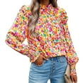 thumbnail image 6 of EFINNY Women Chiffon Broken Flowers Blouse Turtleneck Pleated Long Sleeve Shirt Top, 6 of 7