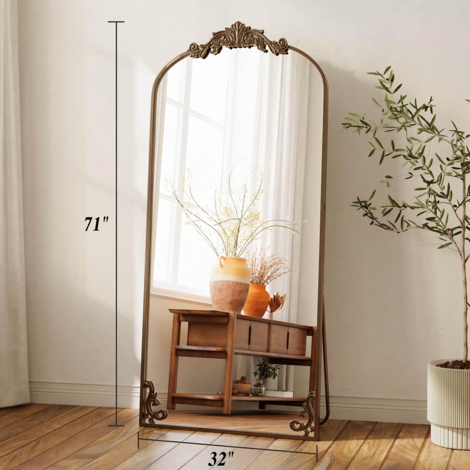 AUROMIR 71"x 32" Arched Floor Mirror Full Length Mirror Baroque Vintage Mirror with Carved Frame, Antique Bronze