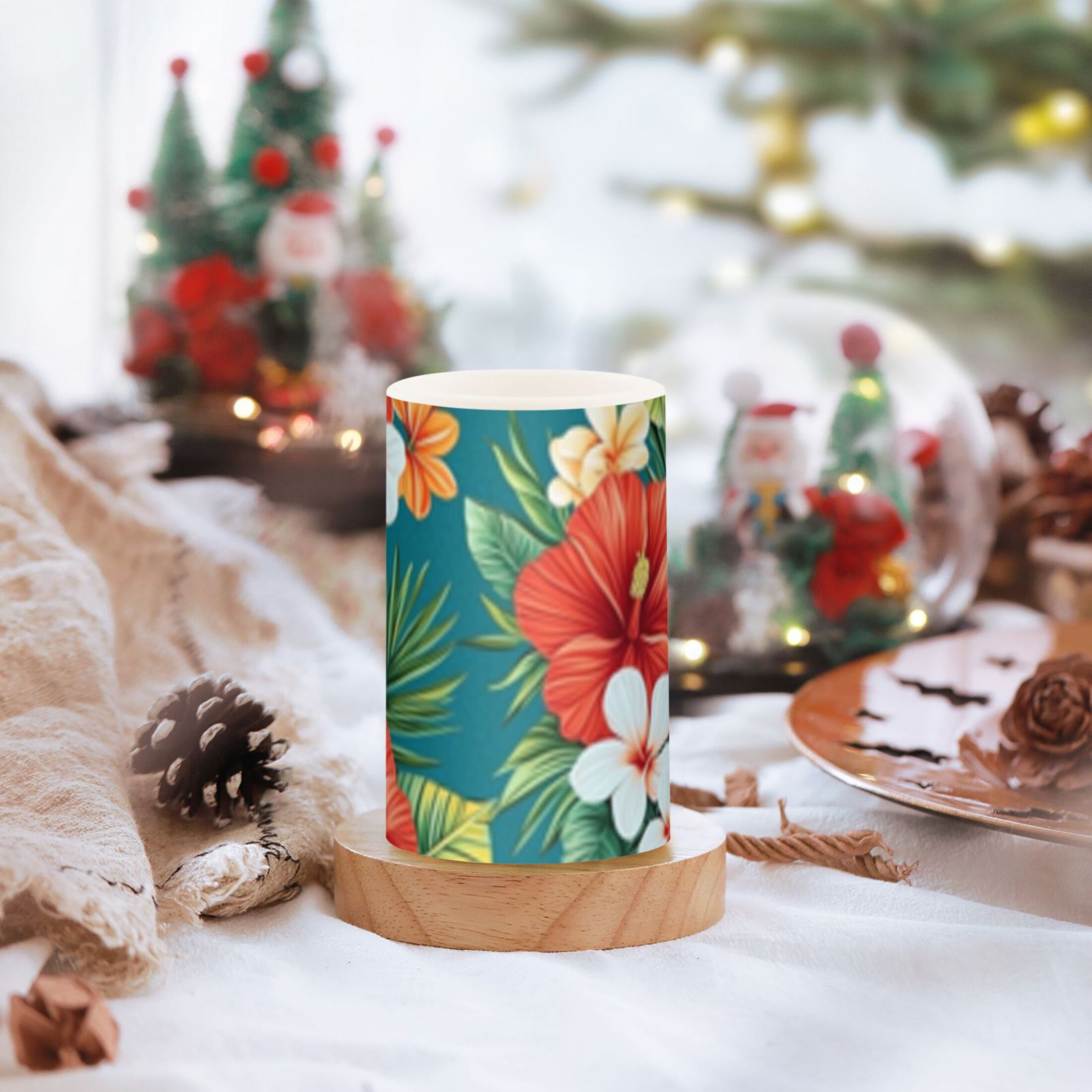 Tropical Flowers with Hibiscus Flickering Flameless Candles Battery Operated with Remote Timer LED Pillar Candles Set of 2