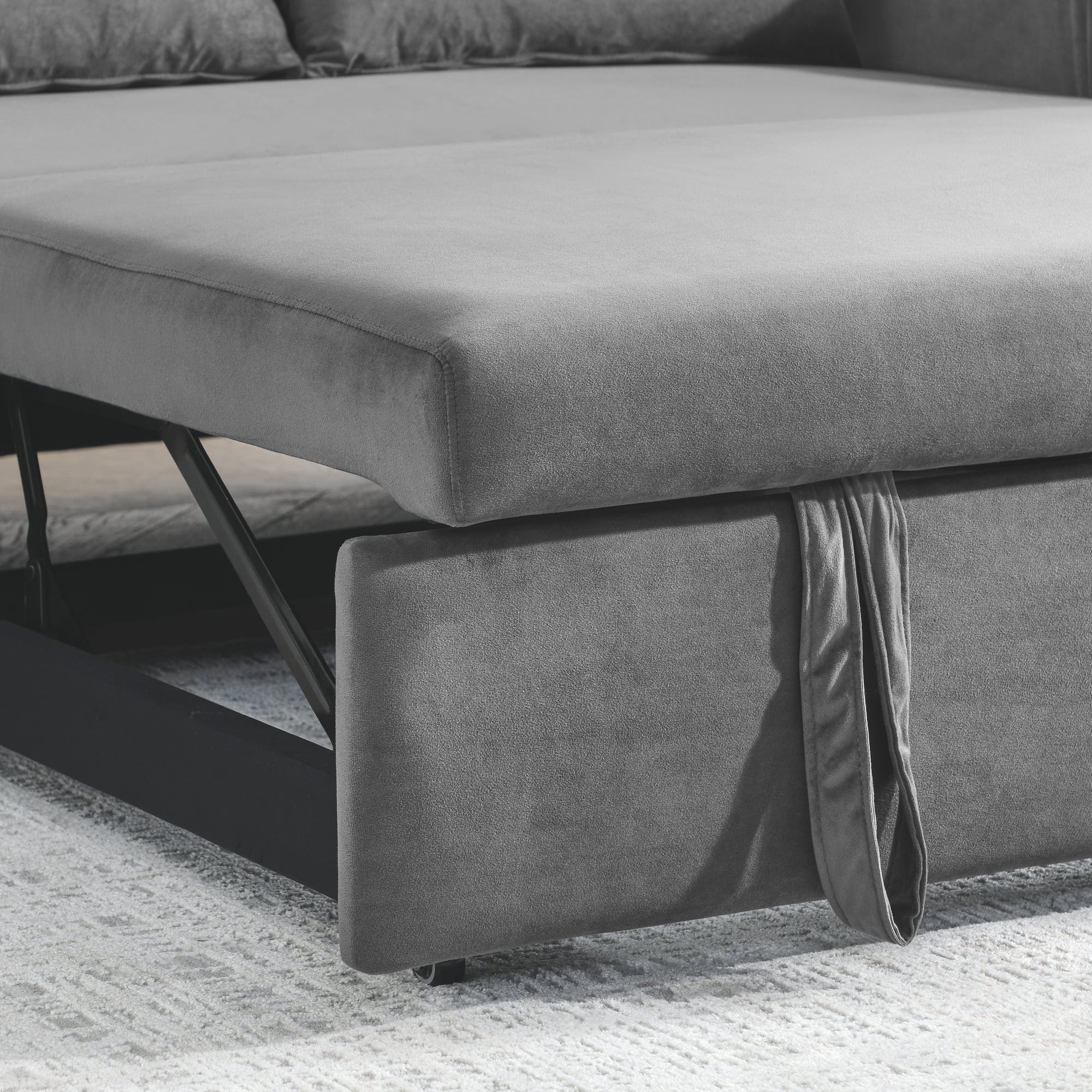 3 in 1 Convertible Sleeper Sofa Bed,55" Modern Velvet Pull Out Sofa Bed with 2 Pillows and 2 Detachable Pockets,Upholstered Loveseat Sofa Couch with Adjustable Backrest for Living Room Office,Gray