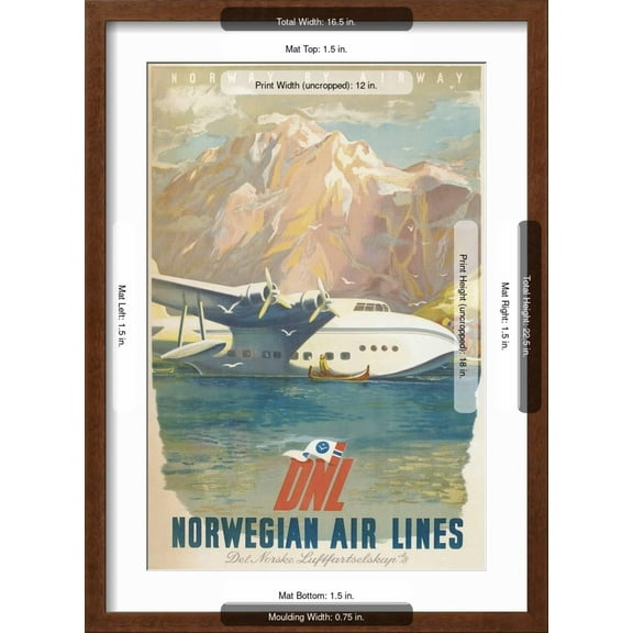 Art.com Travel Poster, Norwegian Air Lines Art Print, Brown Frame Wall Art, 17" x 23"