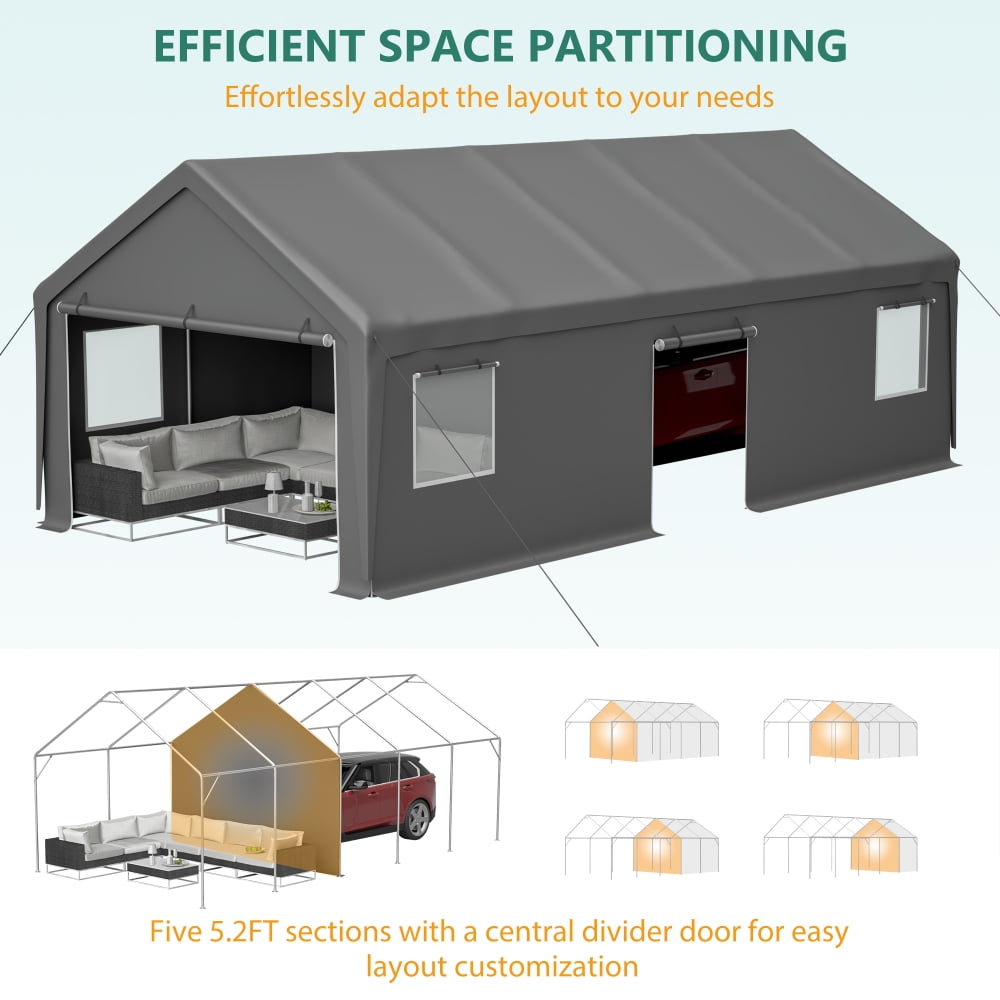 Heavy Duty Carport Canopy with 2 Roll-Up Doors + 1 Side Door, Removable End Walls & Windows, All-Weather Portable Garage Shelter for Car, Truck, Boat, Vehicle