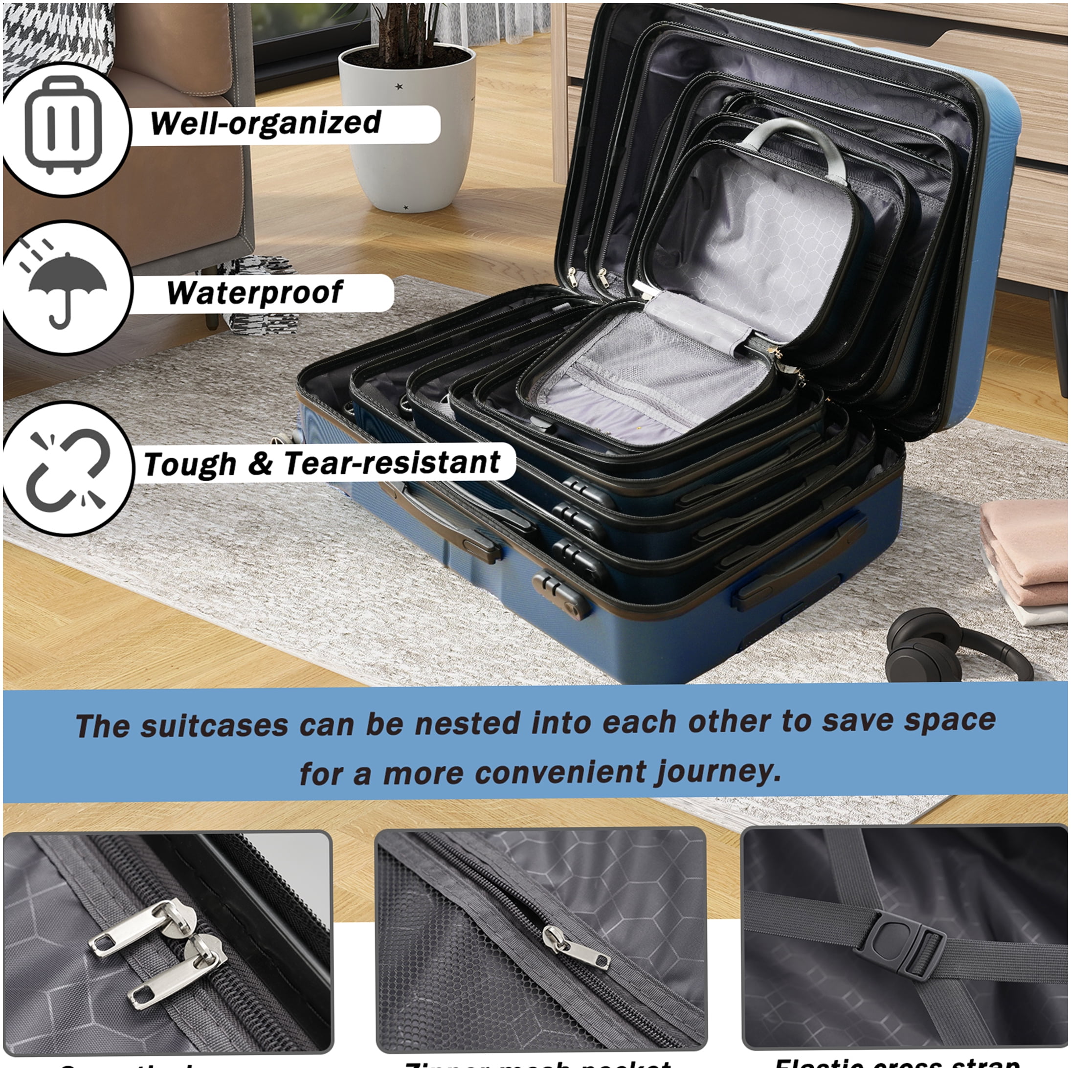 Inky Blue ABS Hardshell 6-Piece Luggage Set with Spinner Wheels, Lightweight & Durable Suitcases for Air Travel, Carry On and Checked Bags