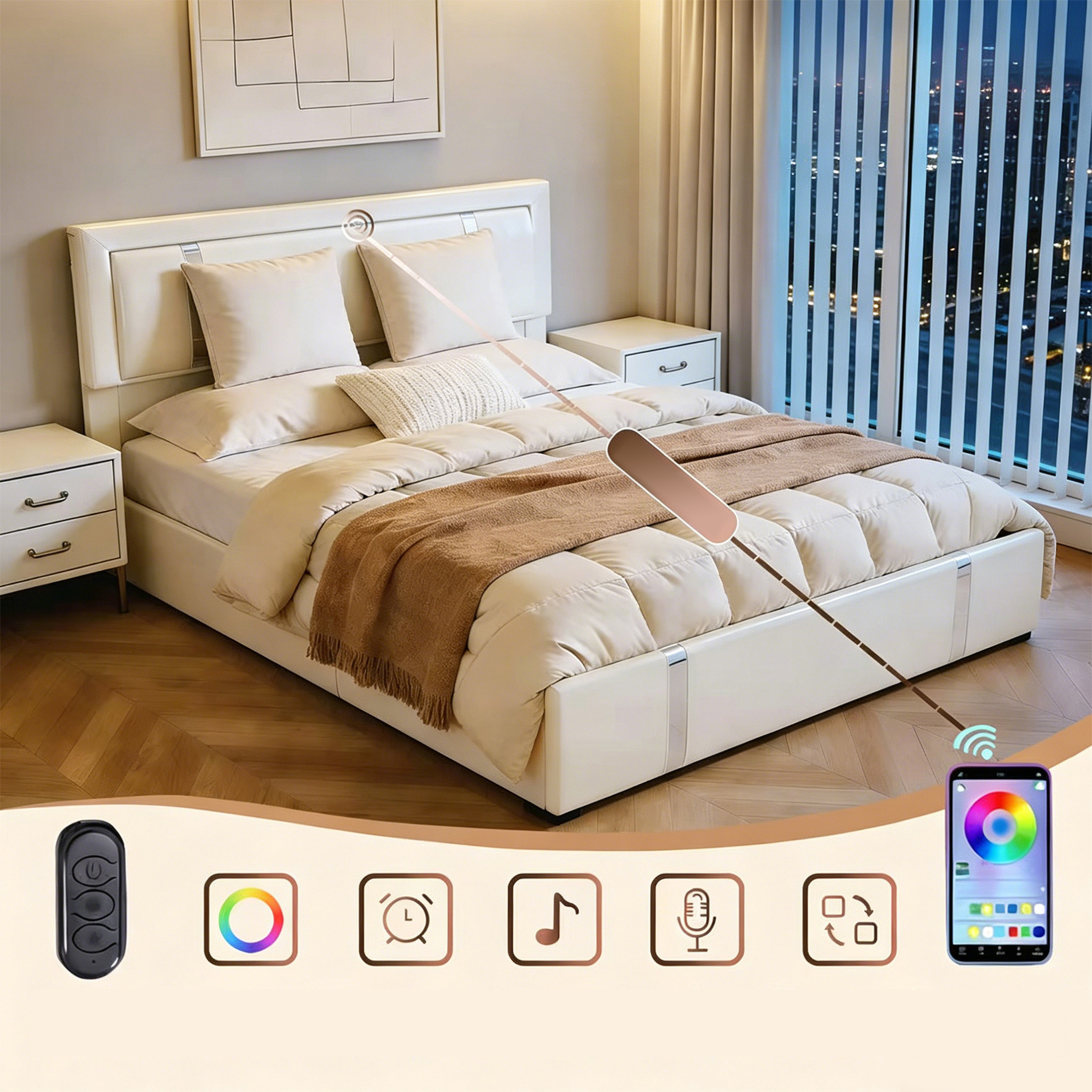 Noble House Kiran Queen Size Upholstered Bed Frame with LED Light and Charging Ports, Hydraulic Lift-Up Storage, White