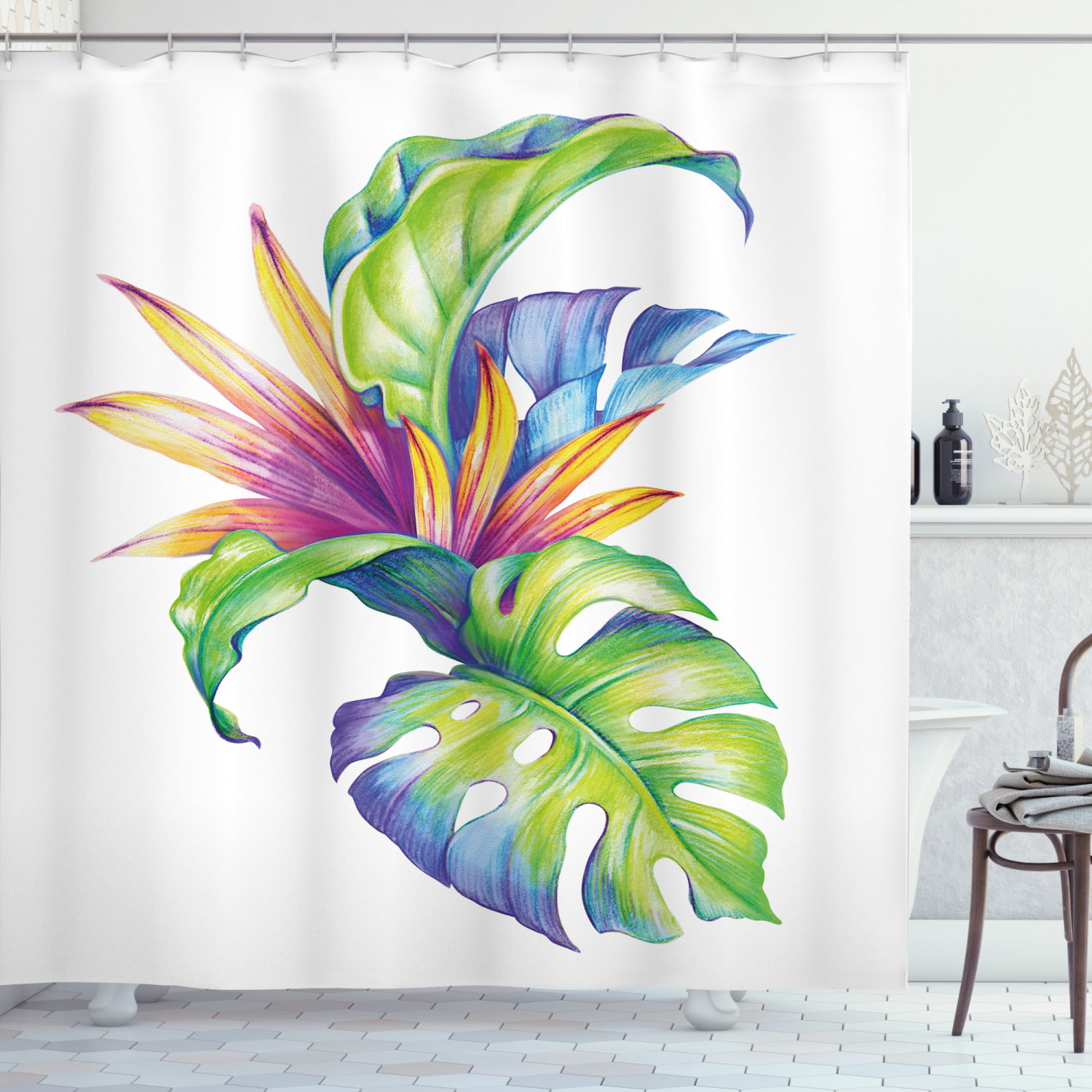 Tropical Leaves Waterproof Polyester Bathroom Shower Curtain With Free 12 Hooks