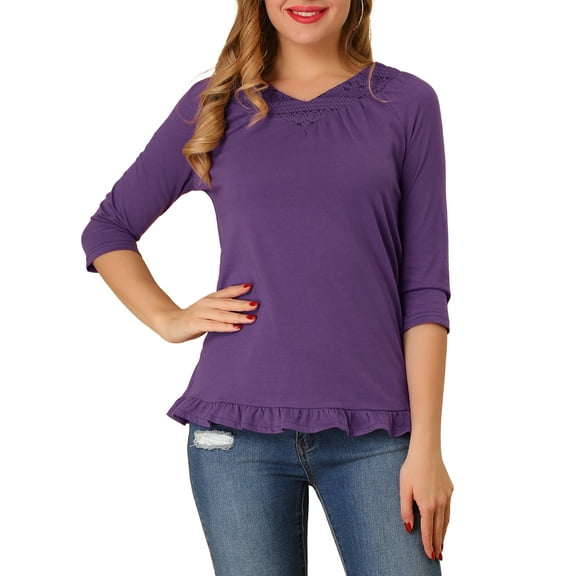 INSPIRE CHIC Women's V Neck Tiered Lace Ruffle 3/4 Sleeve Boho Layered Blouse Purple S