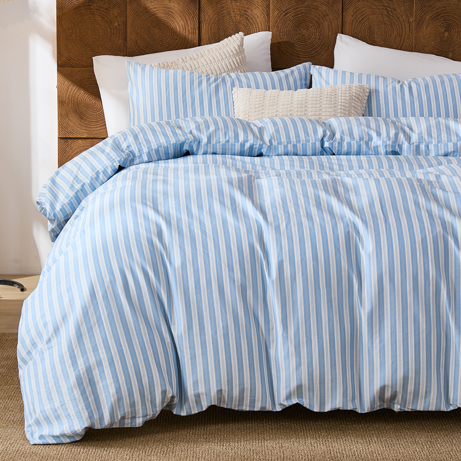 Brown Striped Duvet Cover Set Queen Size, 100% Natural Cotton Linen Like Duvet Cover Set with Zipper Closure & 8 Corner Ties, Brown Khaki Soft Reversible Bedding for All Seasons