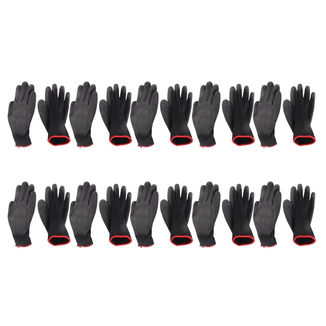 10 pares de guantes antiestáticos antideslizantes de nailon con pegamento de PU negro para taller de maquinaria.