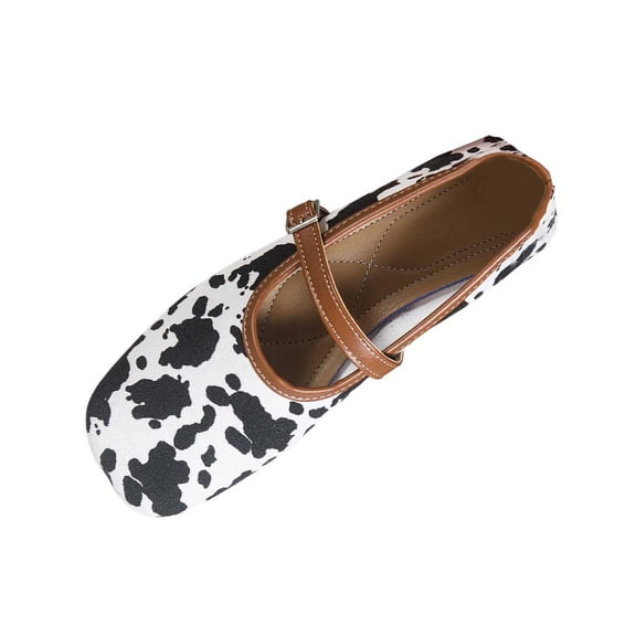 Xfvqtps Womens Cow Print Mary Jane Flats Buckle Strap Flat Shoes Casual Comfortable Fashion Slip on Shoes Black