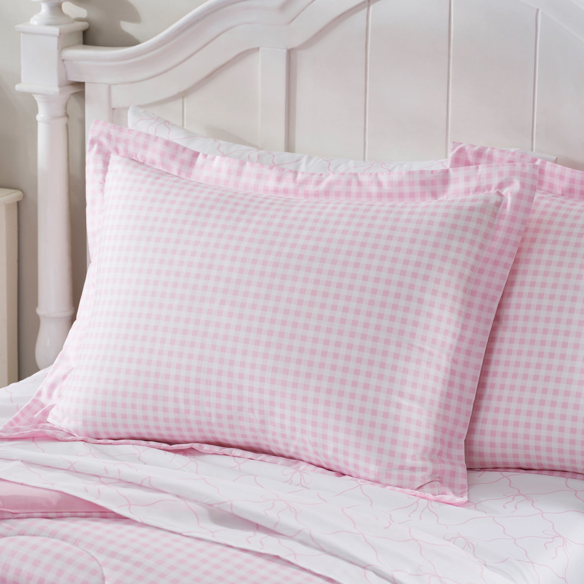 Dream Factory 7-Piece Checkered Bows Bed in a Bag, Pink, Full