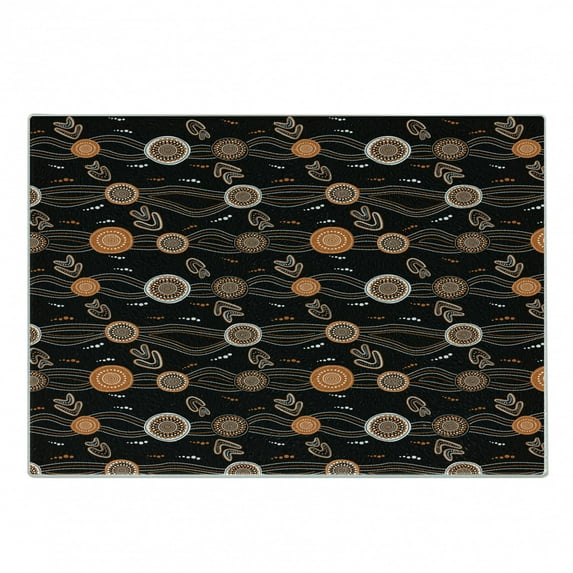 Aboriginal Cutting Board, Abstract Rounded Shapes Dotted Wavy Lines and Boomerang Motifs, Decorative Tempered Glass Cutting and Serving Board, in 3 Sizes, by Ambesonne