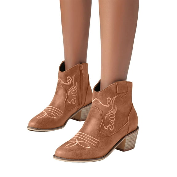 Women's Embroidered Western Ankle Cowboy Booties Classic Pointed Toe Vintage Cowgirl Boots Chunky Low Heel Dress Fall Boots Brown Size 8.5