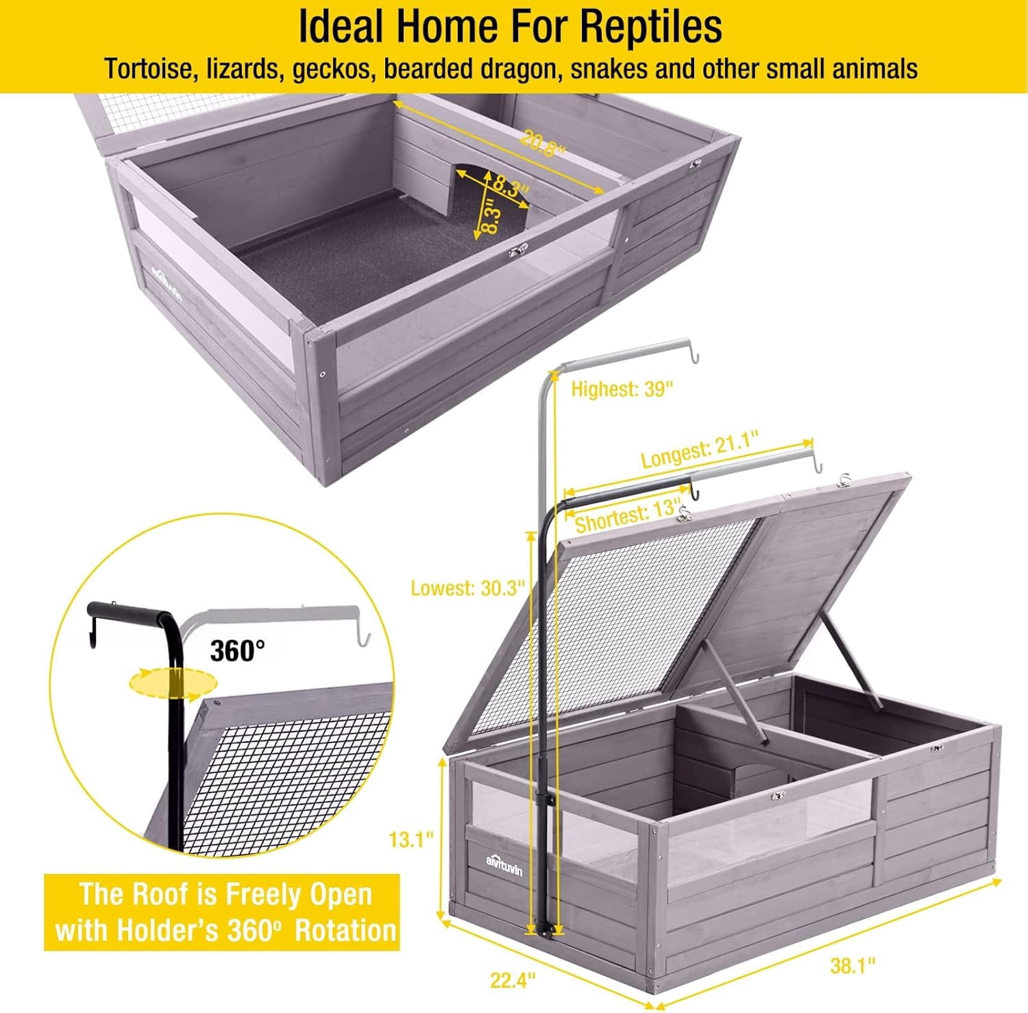 Tortoise Habitat, Wooden Tortoise House with Detachable Legs, Turtle Cage Reptile Terrarium with Lamp Holder