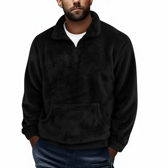UQJfacai Mens Fuzzy Sherpa Sweatshirt Quarter Zip Pullover Stand Collar Long Sleeve Fall Winter Fleece Casual Outerwear with Pockets