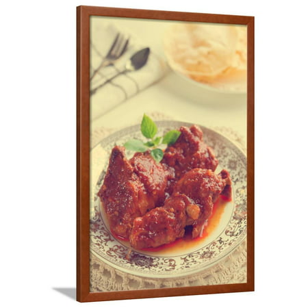 Indian Curry Chicken. Popular Indian Dish on Dining Table in Retro Vintage Style. Framed Print Wall Art By