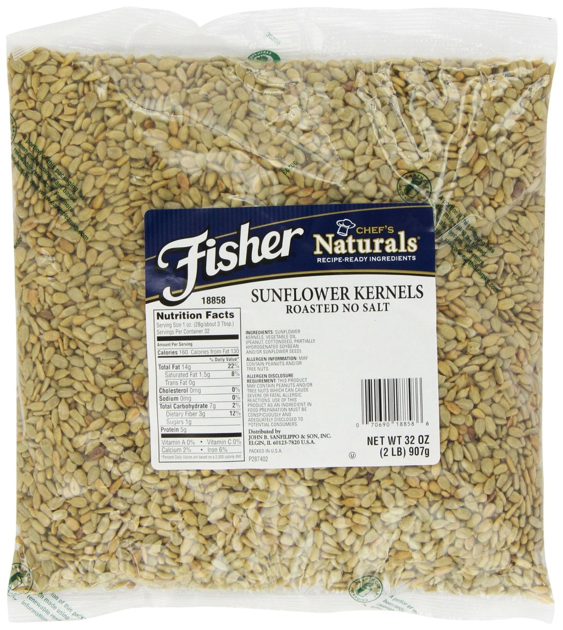 3 PACKS Fisher Sunflower Kernels, Roasted, No Salt, 2Pound Packages