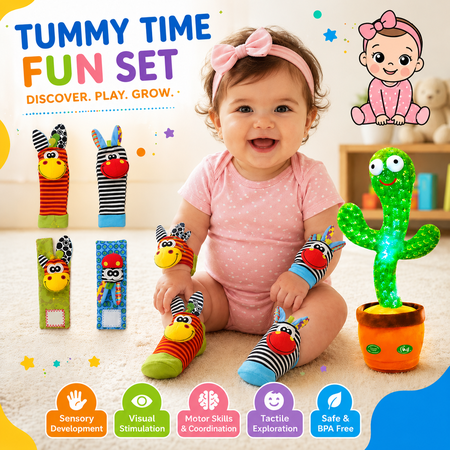 Happy Hatch Baby Wrist & Foot Rattle Socks Set with Musical Cactus Toy – Tummy Time Sensory Toys for Infants, Newborn Developmental Learning Gift Set