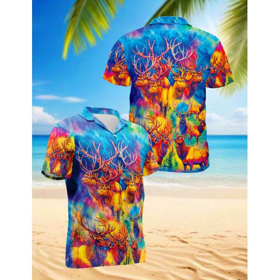 Colorful Elk Moose Hawaiian Shirt for Men, Button Down Summer Beach Short Sleeve, Sizes S-5XL