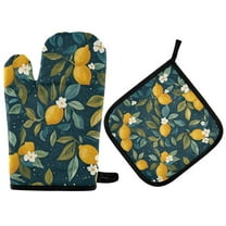 Yayeee Oven Mitts and Pot Holder Set of 2 Heat Resistant Kitchen Gloves Baking Hot Pad, Blue Lemons