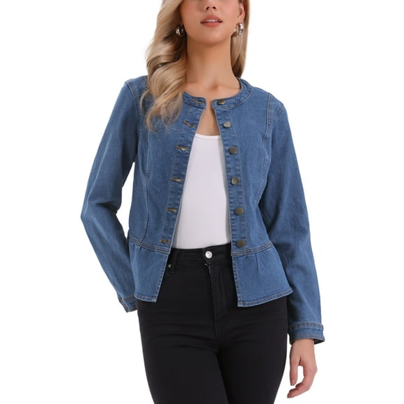INSPIRE CHIC Women's Collarless Peplum Hem Denim Jacket Button Down Long Sleeve Jean Jacket XS Blue