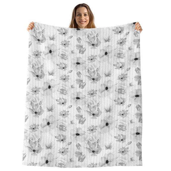 Gray Spring Floral Throw Blanket, Flannel Fleece Blanket with Striped Design for Couch, Summer Botanical Floral Watercolor Soft Breathable All Season Plush Blankets for Sofa Office Bed 50"x60"