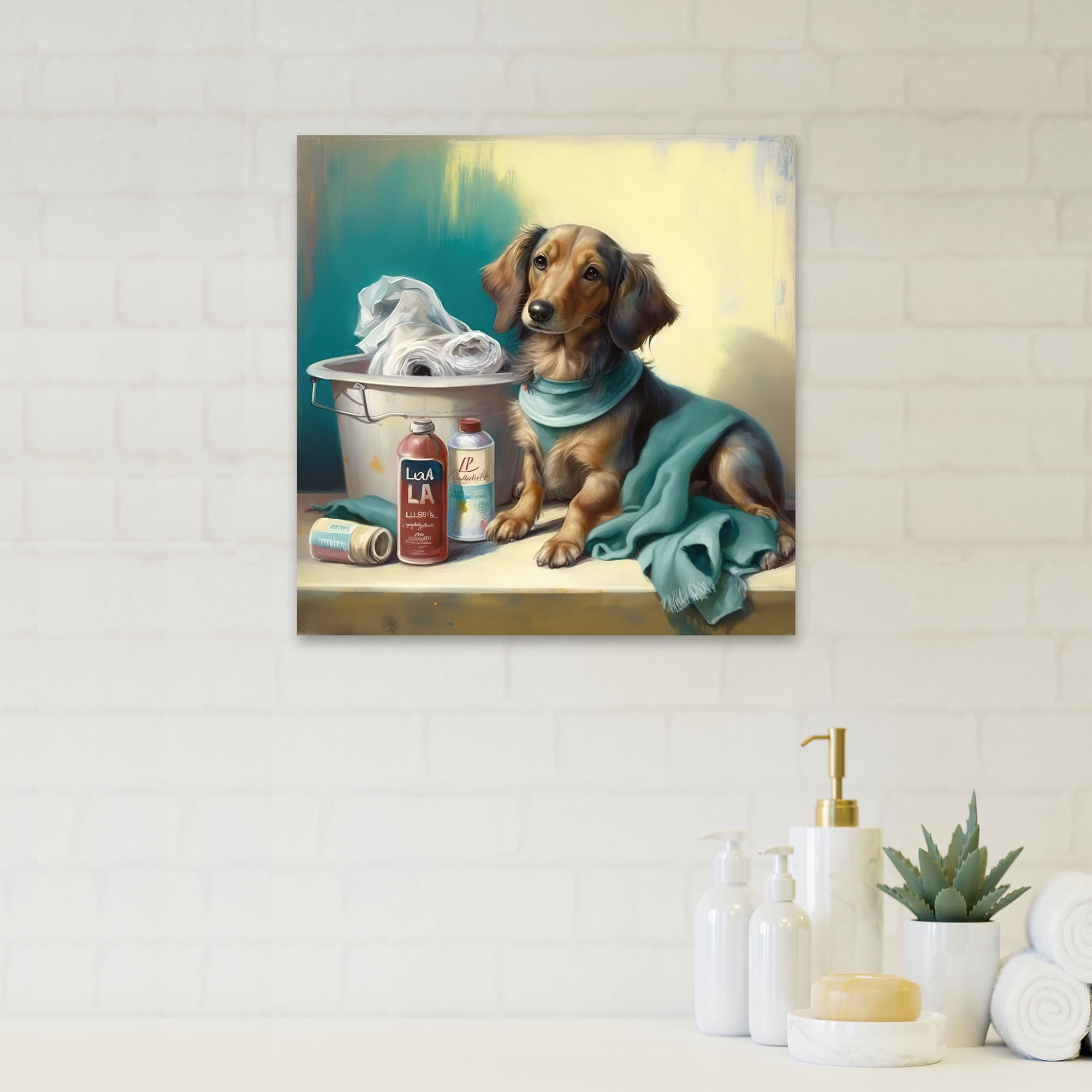 Designart Dog Sitting On The Laundry II Canvas Wall Art