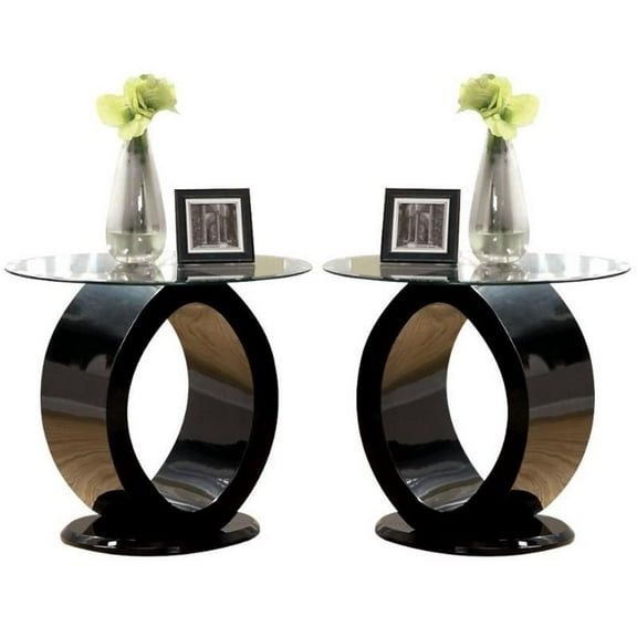 Home Square Mason Contemporary Wood Round End Table in Glossy Black - Set of 2
