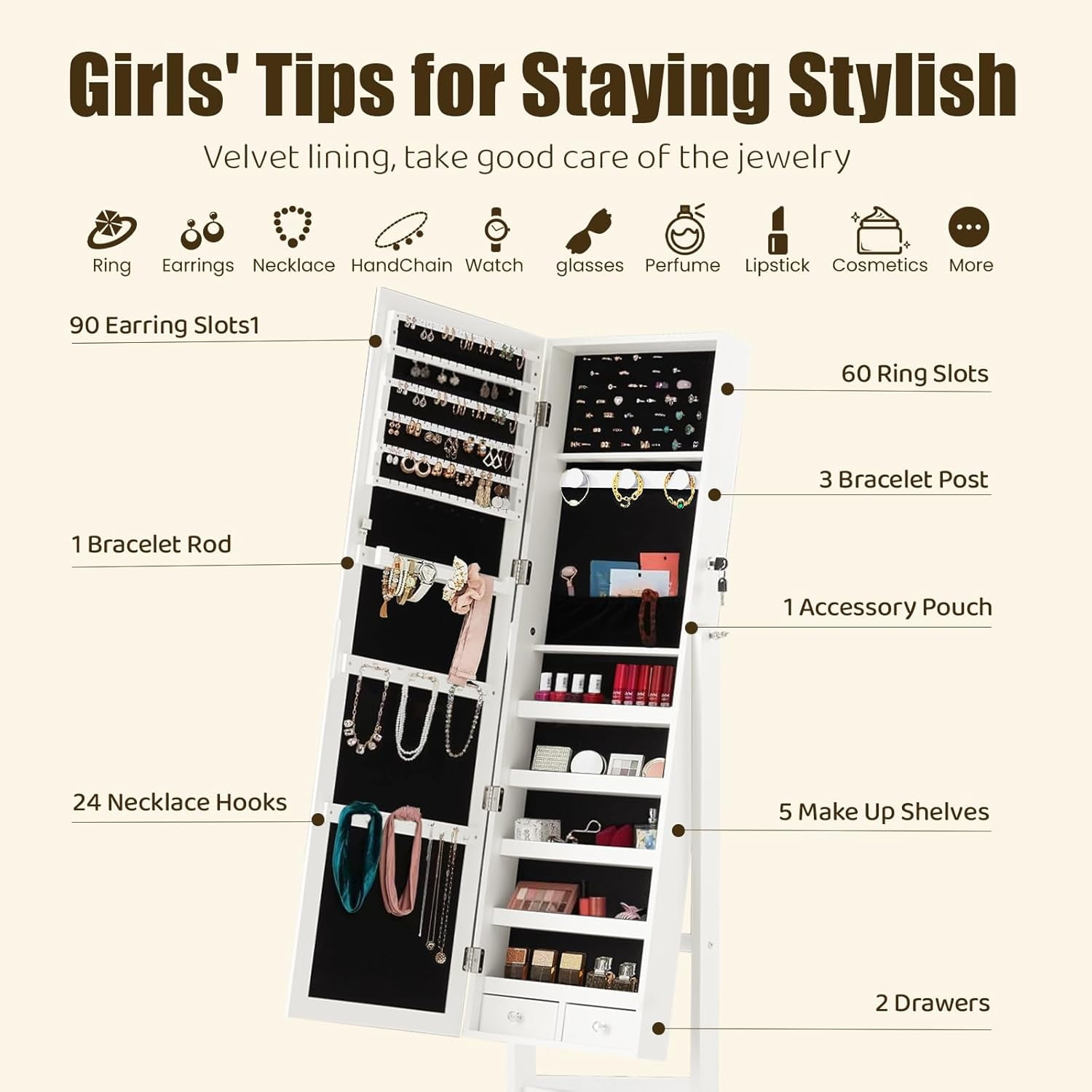 47.3'' Jewelry Armoire with Mirror, Freestanding Jewelry Cabinet with Lockable Design for Makeup Organize, White