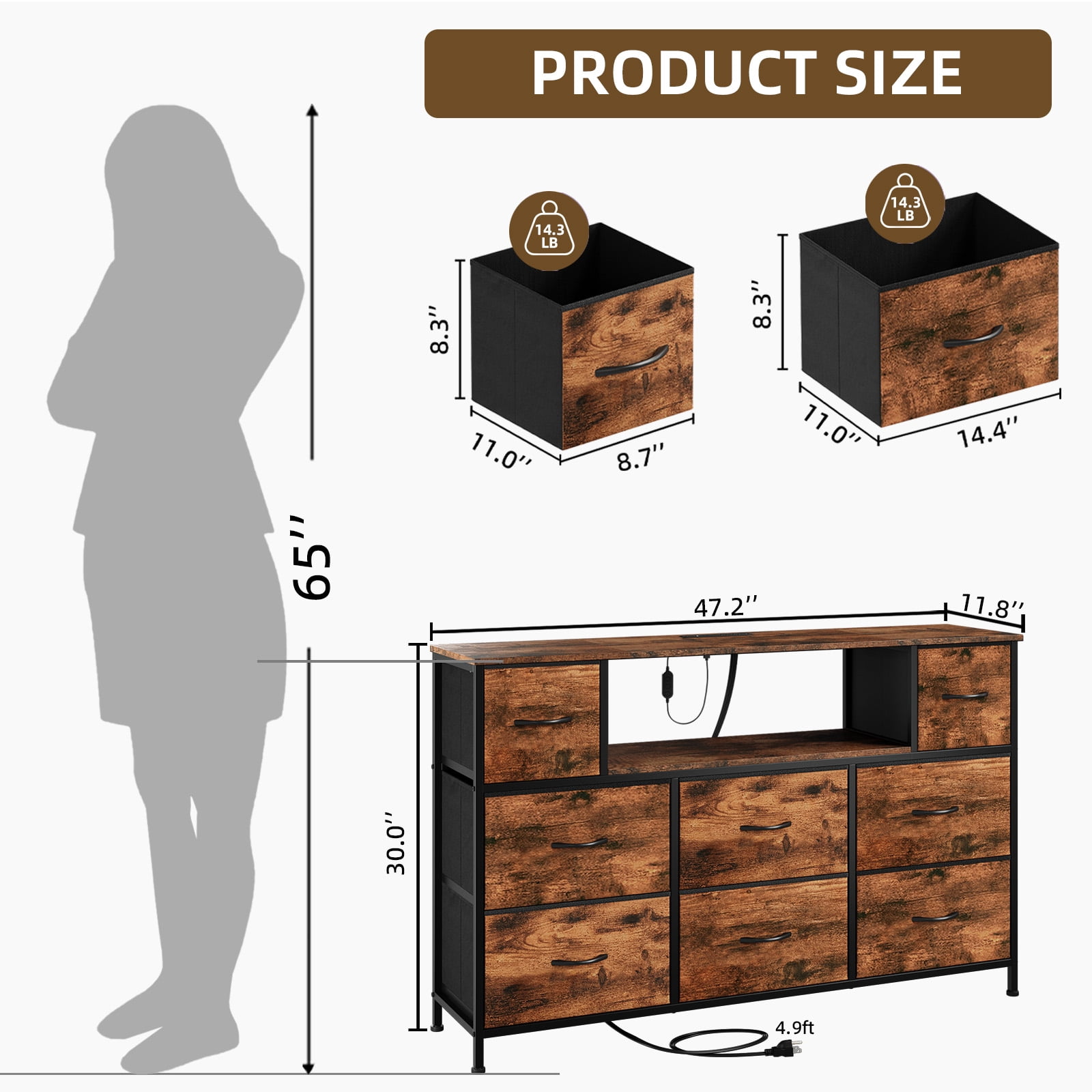 Eunos Tv Stands for 65" Tv with 8 Drawers, LED & Power Outlets for Bedroom, Living Room, Wood Grain Print