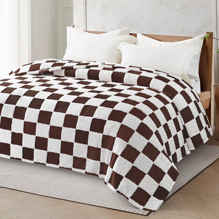 Exclusivo Mezcla Twin Checkered Fleece Blanket, Coffee photo 2
