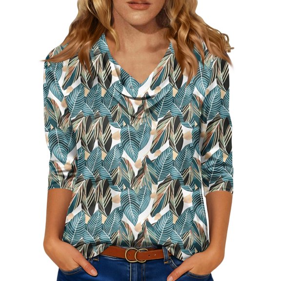Iaqnaocc Womens Shirts 3/4 Sleeve Silk Satin Casual Cowl Neck Tees Blouses Fashion Maple Leaf Print T-Shirts Loose Fit Fall Summer Outfits Army Green M