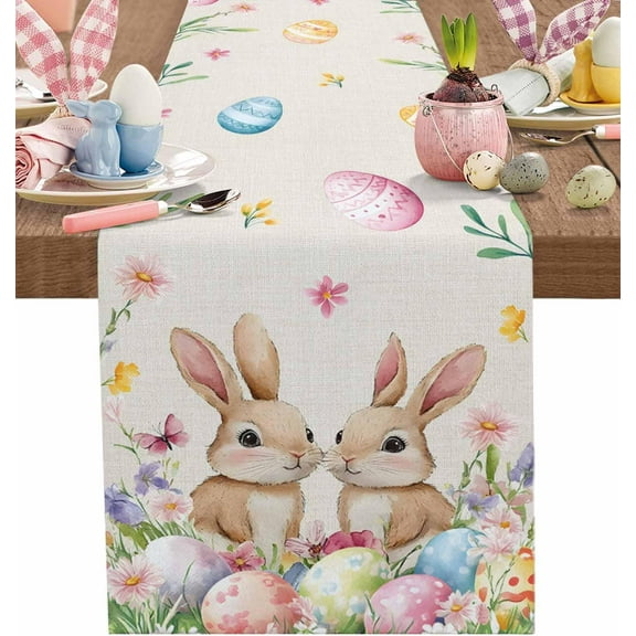 Easter Bunny Egg Floral Table Runners 48 Inches Long Cotton Linens Party Coffee Table Runner Cloth for Wedding Dinning Holiday, Spring Flowers Rabbits Washable Table Dressers Scarves Decor, 13" Wide