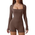 thumbnail image 1 of Women Yoga Rompers Unitard Jumpsuits Solid Color Long Sleeve Square Neck Tummy Control Bodycon Romper, 1 of 7
