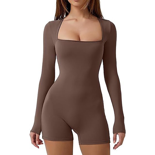 Women Yoga Rompers Unitard Jumpsuits Solid Color Long Sleeve Square Neck Tummy Control Bodycon Romper