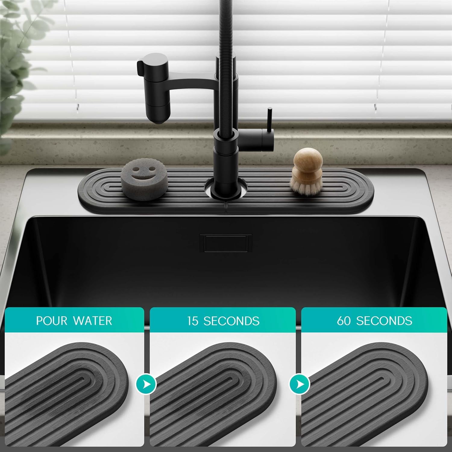Stone Faucet Mat for Kitchen Sink – Diatomite Fast-Drying Stone Tray, Faucet Mat Sink Splash Guard, Decorative Sink Protector for Kitchen Bathroom Counter [Dark Gray, 17.7''x3.9'']