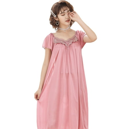 

Womens Plus Size Imitation Silk Loose Nightdress Short Sleeve Pleated Ruffles Solid Color Nightgown V-Neck Bowknot Embroidery Lace Mother Sleepwear