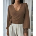 thumbnail image 5 of Women'S Casual V Neck Wrap Sweater Pullover Long Sleeve Slim Fit Knit Crop Top Sweater Coffee S, 5 of 9