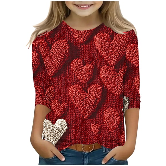 Mceream 3/4 Sleeve Valentine's Shirts for Girl Love Heart Cute Graphic T Shirts Casual Spring Day Tops Tee Sudaderas Para NiñAs Multicolor 4-5Years