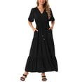 thumbnail image 1 of Vestido Casual de Mujer INSPIRE CHIC con Escote en V, Manga Corta, Cintura con Cordón, Diseño en Capas, Abertura, Corte A, Maxi Vestido con Bolsillos, Talla S, Negro, 1 of 6